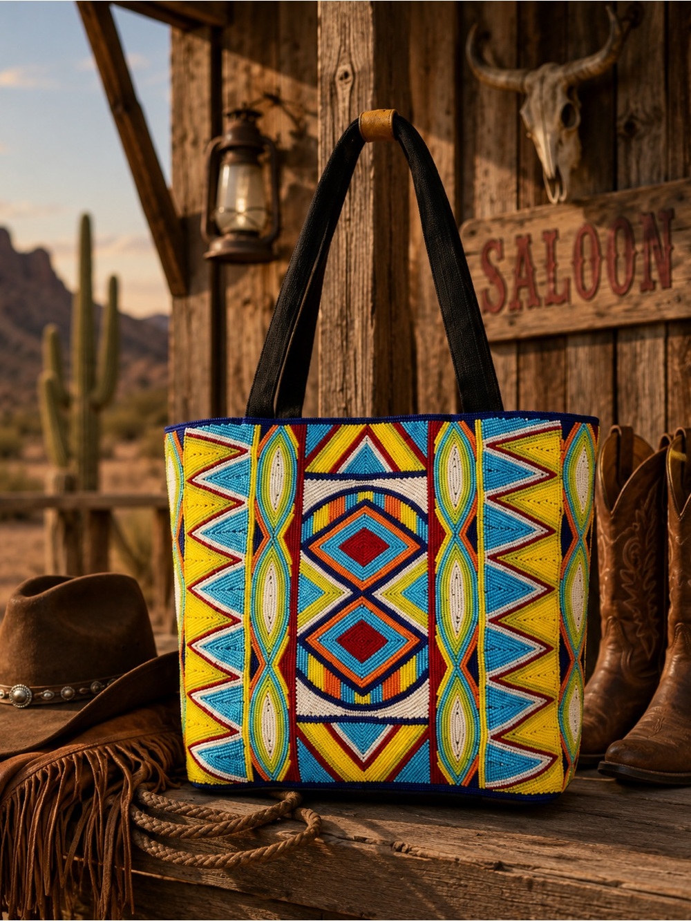 Brand New Colorful Geometric Beaded Tote Bag - Vibrant Yellow & Blue